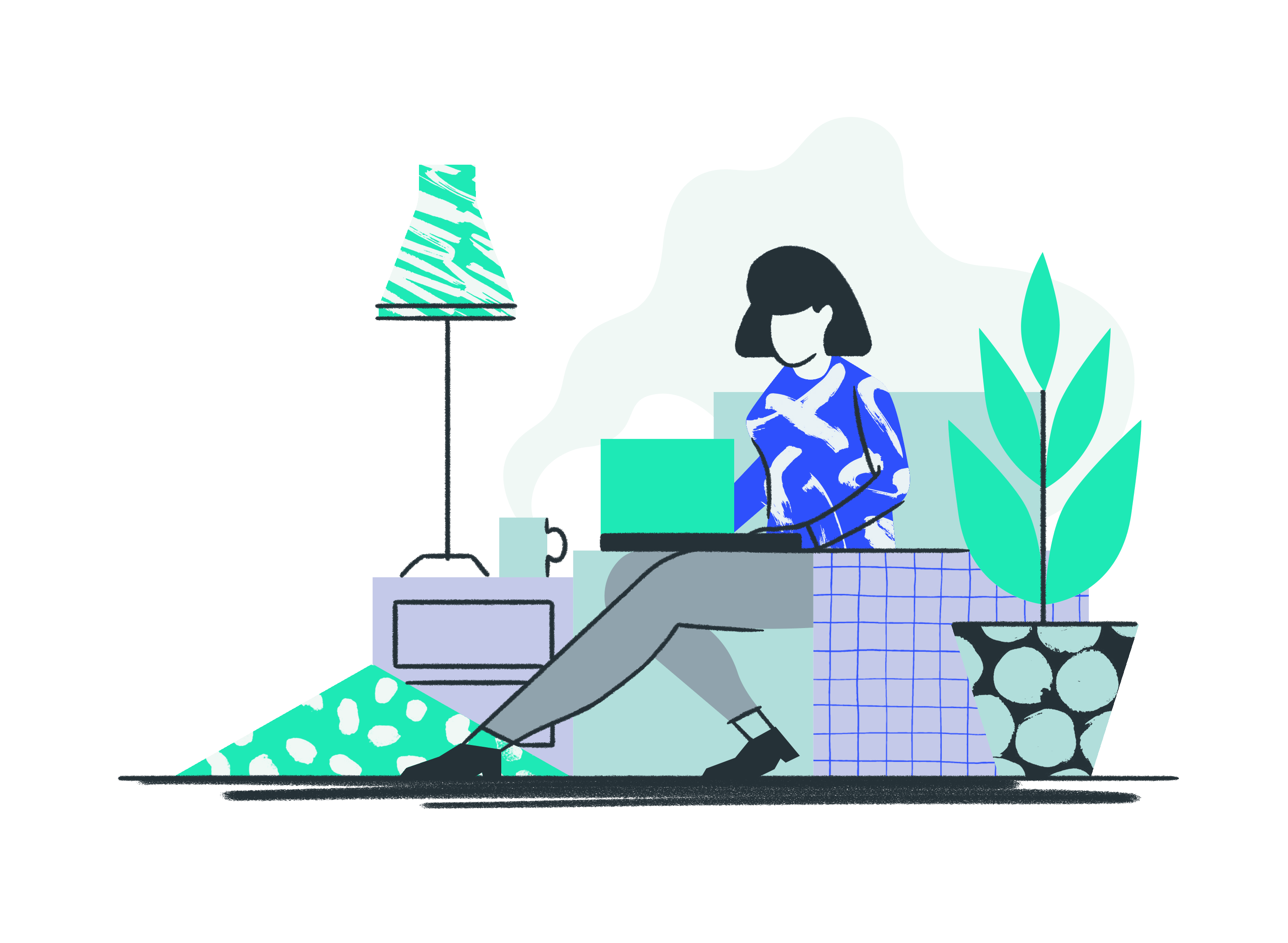 Illustration of woman searching on her laptop whilst sat on the sofa